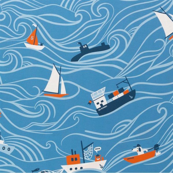 Baumwollstoff Roundabout von Käselotti Schiffparade blau - Panel 140x140cm