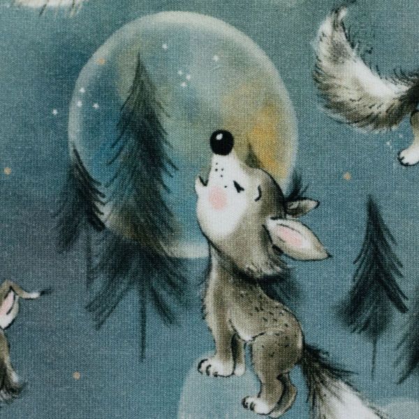 Baumwolljersey Jerry Wolf Hase Wald petrol – Swafing