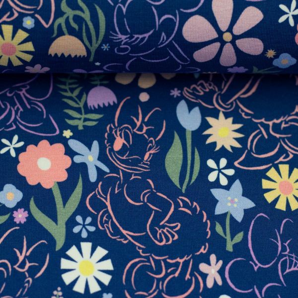 Jersey Daisy Duck & Minnie Maus Blumen Marineblau – Disney Stoffe von Swafing