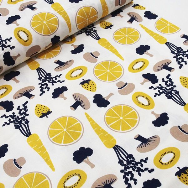 Baumwolle Obst und Gemüse gelb violett Retro von Westfalenstoffe Living