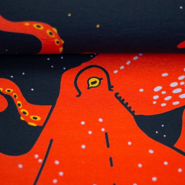 Maritimer Sweat navy mit Oktopus und Mantarochen by Käselotti – 150cm Panel French Terry