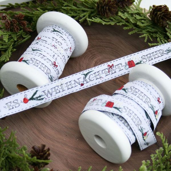 Webband - Es weihnachtet sehr - von Acufactum weiß grün rot 16mm