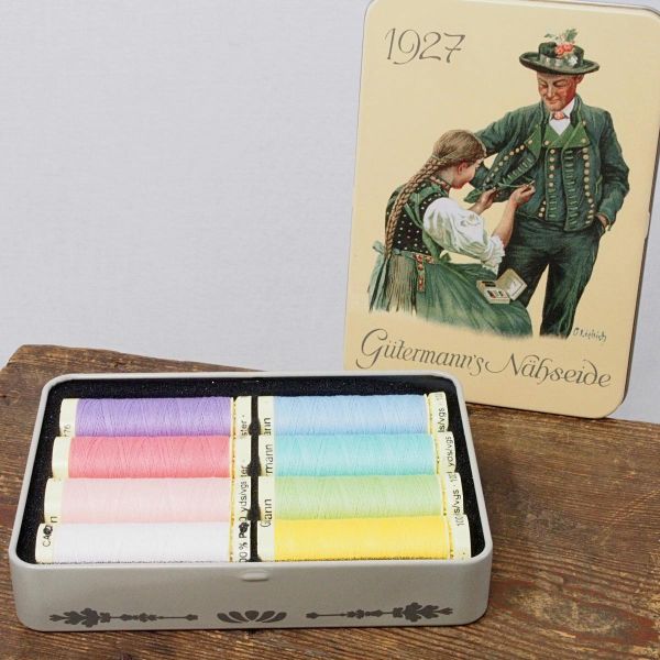 Nähgarn Nostalgie Set Pastell - 8x 100m Allesnäher Garn Gütermann 1927 Retro Metalldose Trachten
