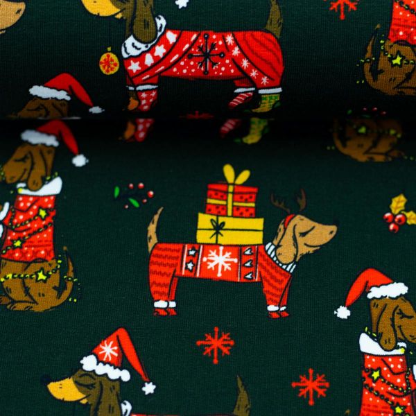 Sweat mit Dackel Hunden dunkelgrün für Winter und Weihnachtsprojekte - French Terry Holly by Swafing