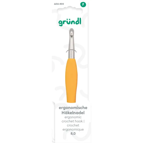Gründl Ergonomische Häkelnadel 8 mm mit Softgrip für Textilgarn Jerseygarn & mehr