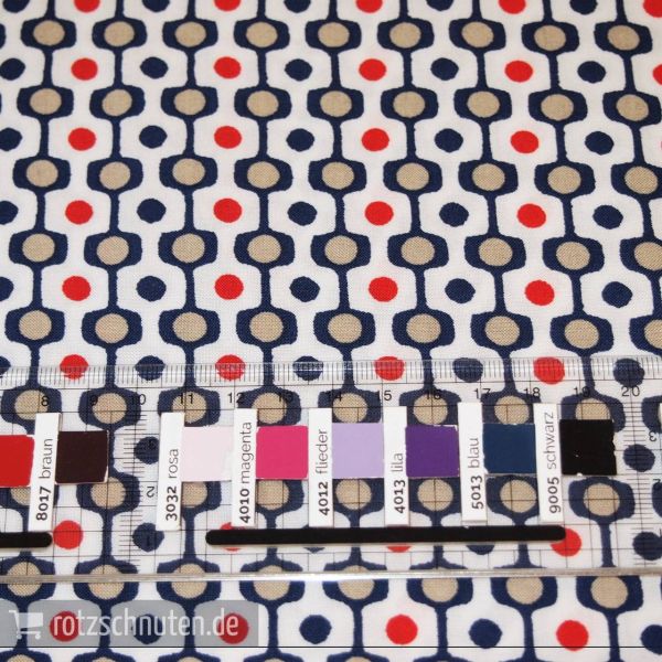 Leichter Blusen und Kleiderstoff RETRO KREISE weiß blau rot – Viscose Druck