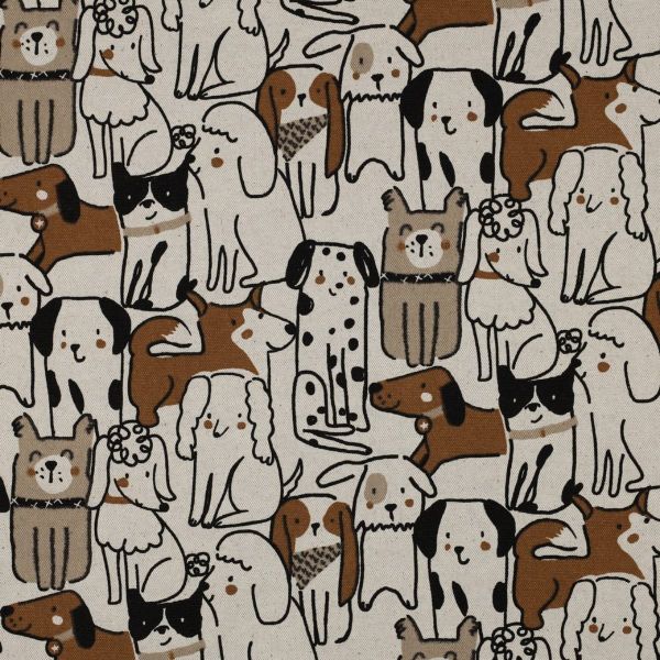 Canvas Linen Look Dogs natur – Dekostoff mit Hunden in beige, braun & schwarz