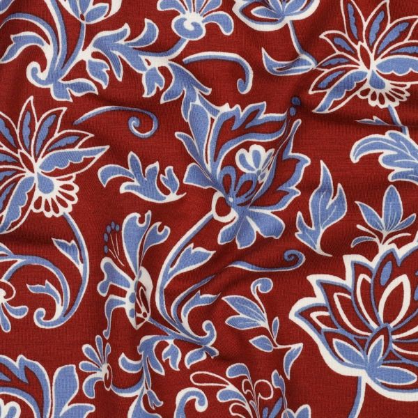 Romanitjersey Punta di Roma Blumen bordeaux hellblau – super stretchiger Viskosejersey