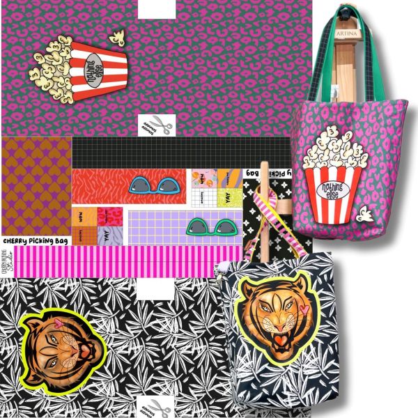 DIY Nähset Cherry Picking Bag Popcorn und Tiger - Beutel Tasche Panel 95x140cm