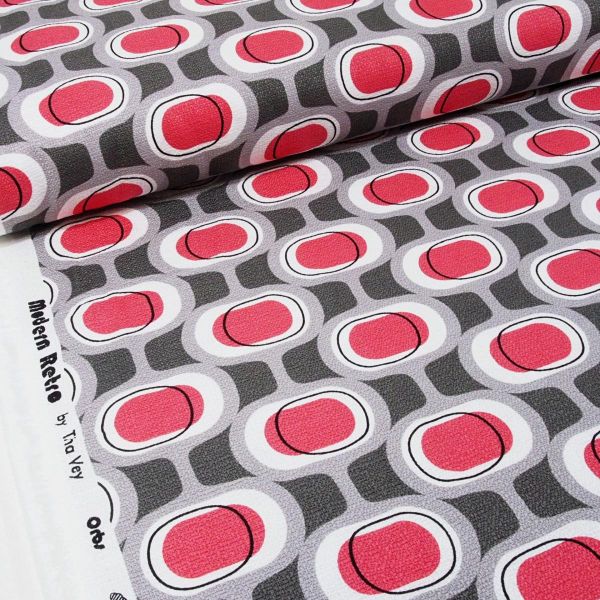 Bio Baumwolle Maxi Perlenkette pink grau - Modern Retro Barkcloth Orbs Dekostoff