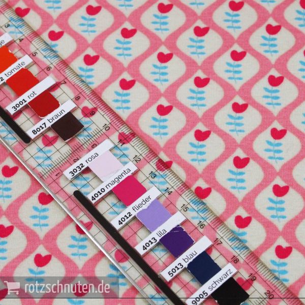 Baumwolljersey PFERDELIEBE Blüten Kombi beige rosa – Evelyn Lisi Design