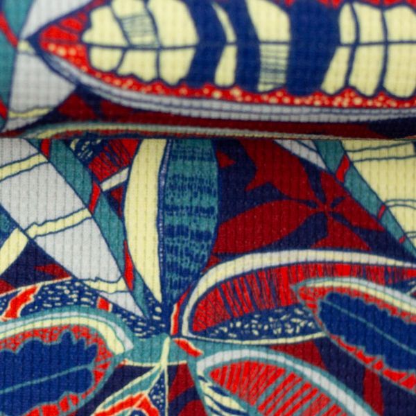 Waffeljersey Blätter blau – Waffelstruktur Jersey Viento Bienvenido Colorido