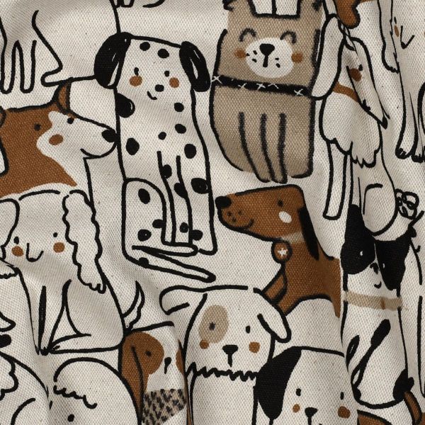 Canvas Linen Look Dogs natur – Dekostoff mit Hunden in beige, braun & schwarz