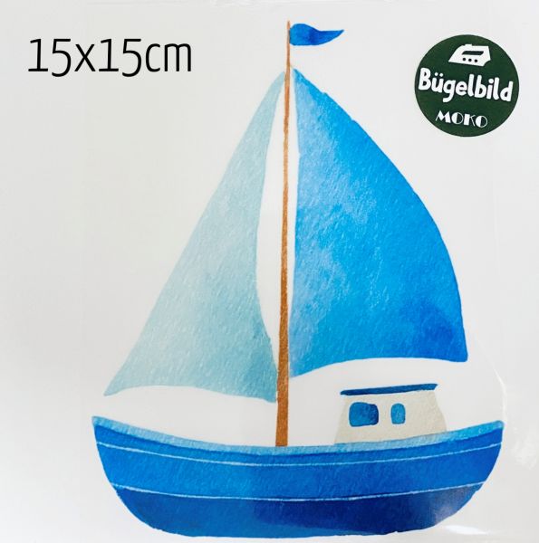 Bügelbild großes Segelboot blau 15x15cm
