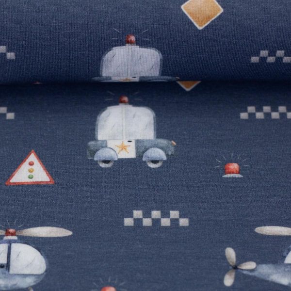 Jersey Polizei Autos Hubscharuber blau – Baumwolljersey Serie Samern by Swafing