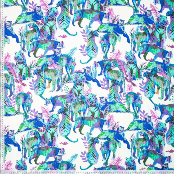 Viskose Stoff mit ausgefallenem Tiger Muster in blau mint türkis für Kleider Blusen