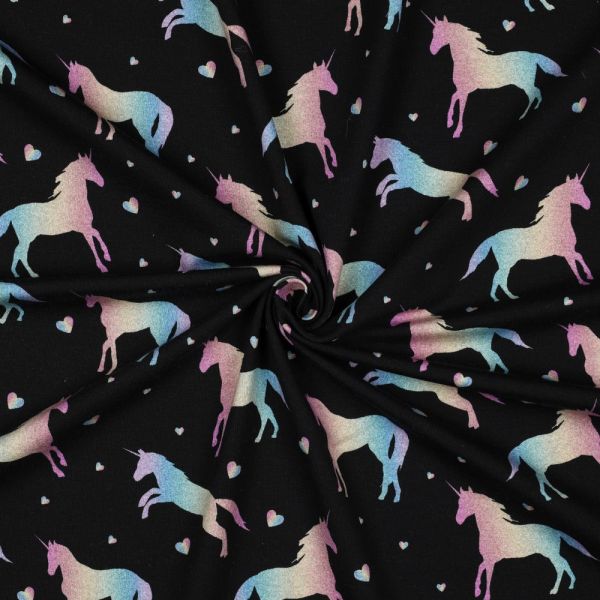 Baumwolljersey schwarz mit regenbogen bunten Einhörnern & kleinen Herzen