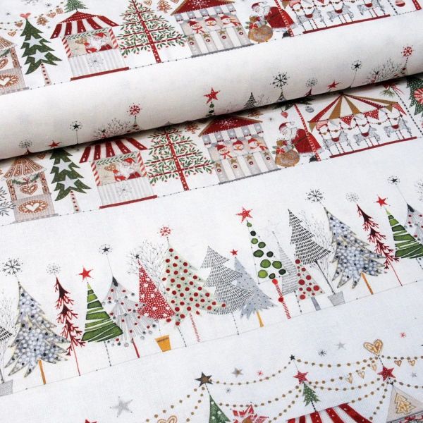 acufactum Weihnachtszauber - Baumwolle mit Tannenbäumen Weihnachtsmarkt Buden