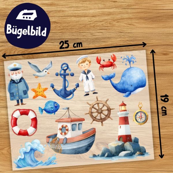 Bügelbilder Set Matrosen maritim 1 Bogen – viele süße Motive zum Aufbügeln für Textilien