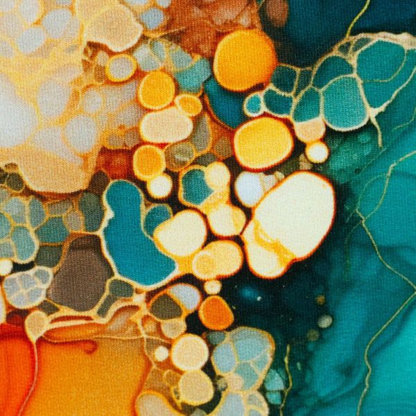 Flowing Bloom French Terry petrol-smaragd-orange – Swafing Design