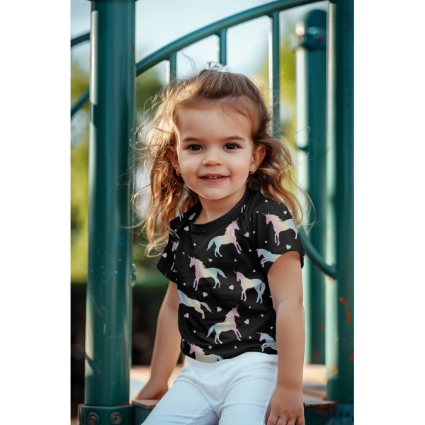 Baumwolljersey schwarz mit regenbogen bunten Einhörnern & kleinen Herzen