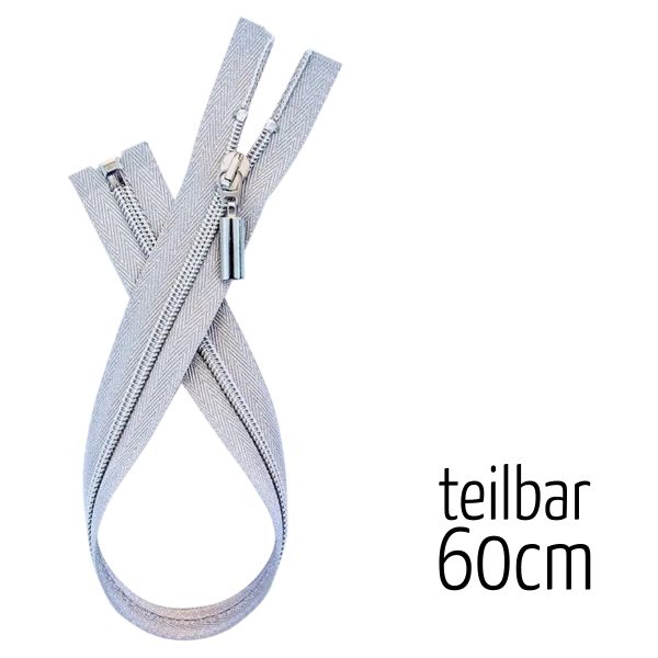 Reißverschluss silber metallic teilbar 60cm lang für Jacken