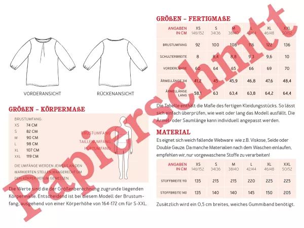 Schnittmuster FRAU SUKI • Bluse mit Kellerfalte für Damen • Gr. XS-XXL