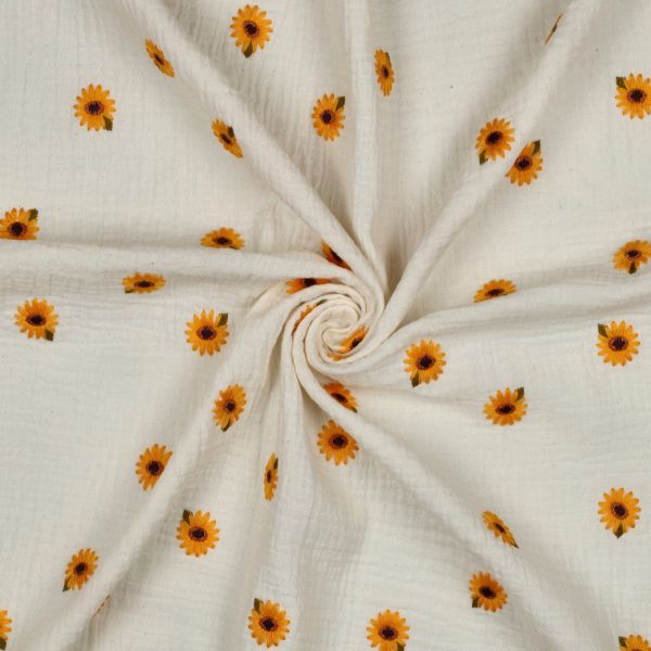 Musselin mit Stickerei Sonnenblume – Double Gauze Embroidery Sunflowers aus 100% Baumwolle