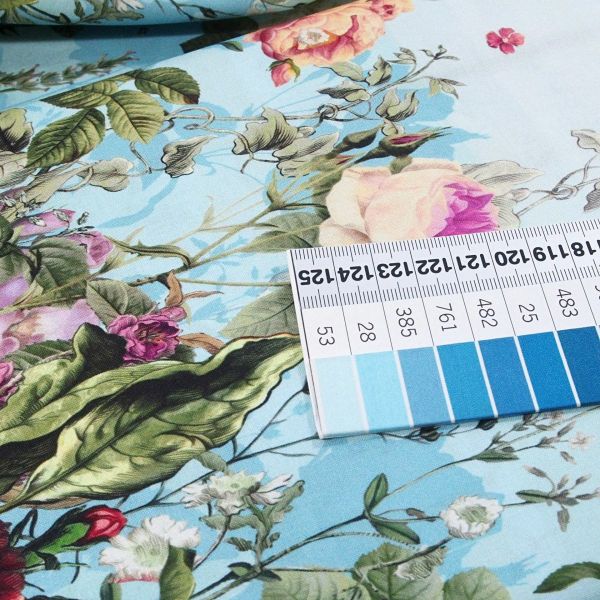 Baumwolle große Blüten Bordüre Lilien Rosen türkis bunt - Ode to June by Clothwork