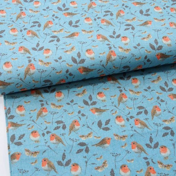 acufactum Rotkehlchen - Baumwolle mit kleinen Vögeln türkis beige rot
