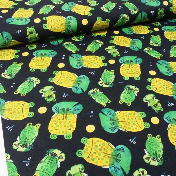 Baumwolle Frösche Libellen schwarz grün - Frogtastic black Frogs