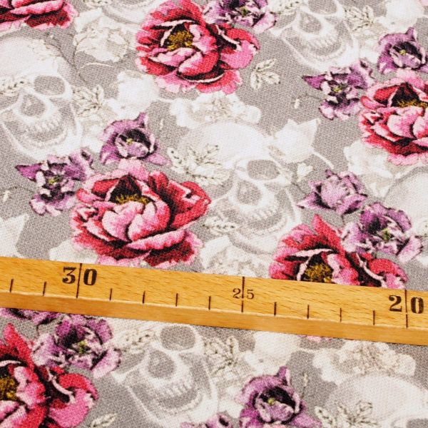 Deko Canvas Rosen Totenköpfe pink hellgrau - Baumwolle 140cm - FJV 2317