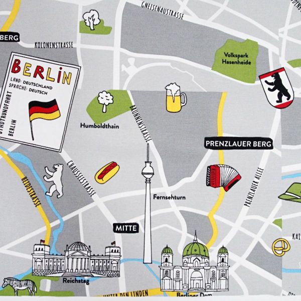 Dekostoff Berlin grau mit Sehenswürdigkeiten – Ottoman Premium Taschenstoff