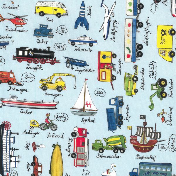 Baumwolle Autos Schiffe Eisenbahn Zeppelin Traktor - Serie Junge Linie von Westfalenstoffe