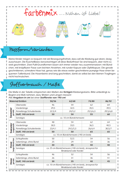 Schnittmuster Kuschelbasics Baby Kollektion Farbenmix – Gr. 50-92