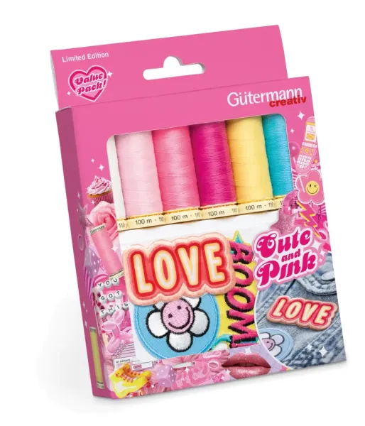 Nähgarn Set Cute and Pink - 6x 100m Allesnäher + 3 Bügelbilder Applikationen von Gütermann