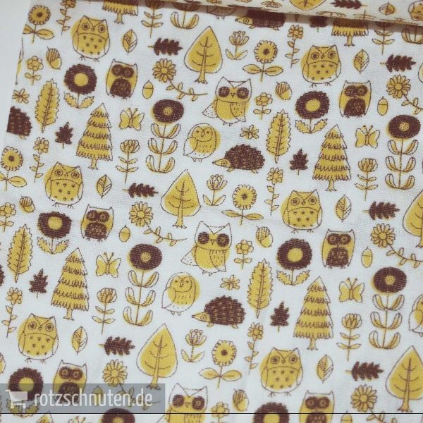 Baumwolle | Double Gauze Kokka – Eulen Igel Wald Blüten ocker