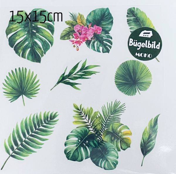 Bügelbild Set mit 9 Palmen Blätter Monstera Motiven grün 15x15cm