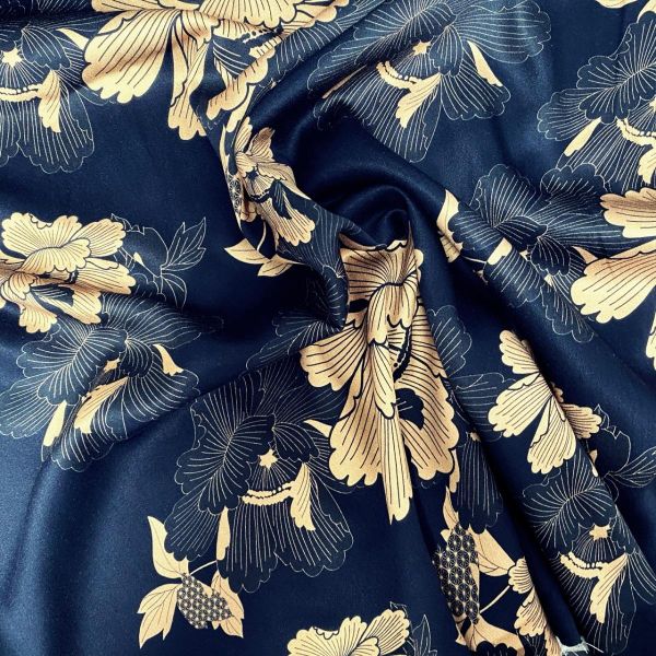 Viskose Satin Blüten schwarz gold – Silky Japanese Flow - Kleider oder edler Futterstoff