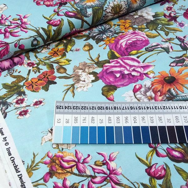 Baumwolle große Blüten Lilien Rosen türkis bunt - Ode to June by Clothwork