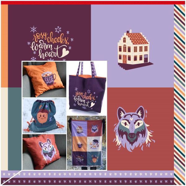 DIY Set Kissen Taschen Rucksack Quilt nähen - Baumwolle Rosy Cheeks 95cm Rapport Winter Wunderland