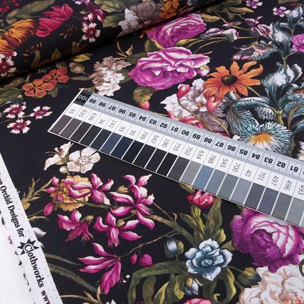 Baumwolle große Blüten Lilien Rosen schwarz bunt - Ode to June by Clothwork