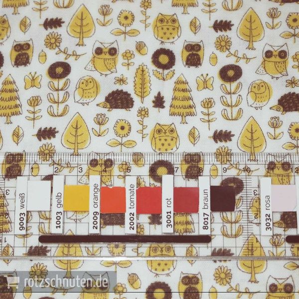 Baumwolle | Double Gauze Kokka – Eulen Igel Wald Blüten ocker