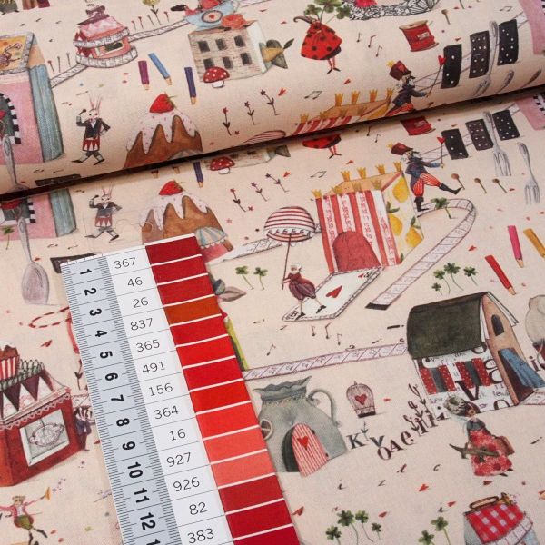 acufactum Fantasiestadt - Baumwolle mit Herzkönigin Zirkus Nähutensilien Kuchen Pilzen Märchen